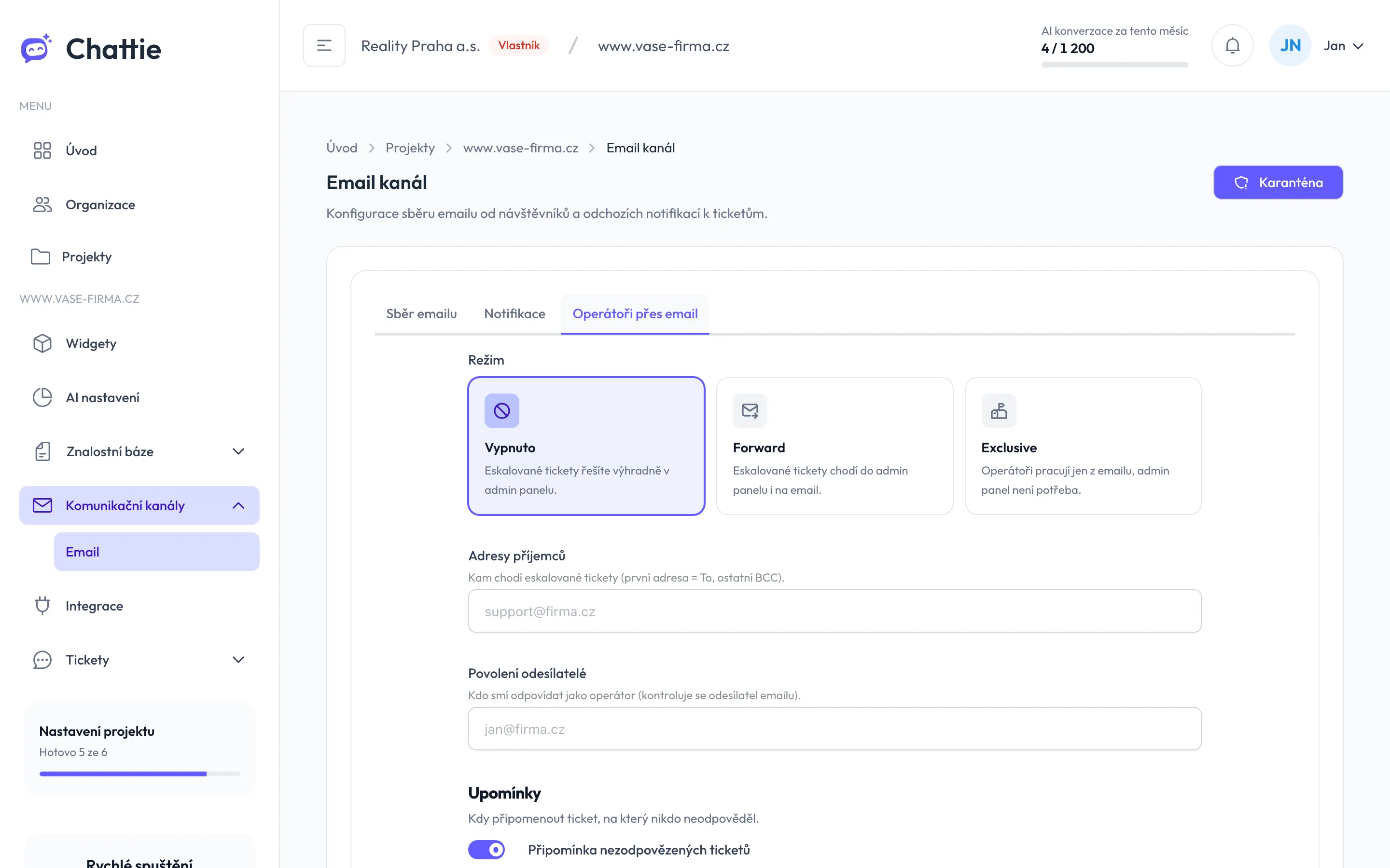 Záložka Operátoři přes email s režimy a adresami