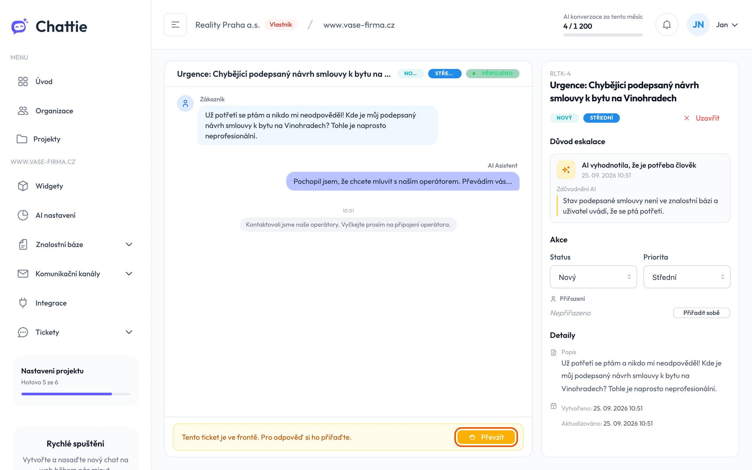 Detail ticketu s kartou Důvod eskalace a zdůvodněním AI