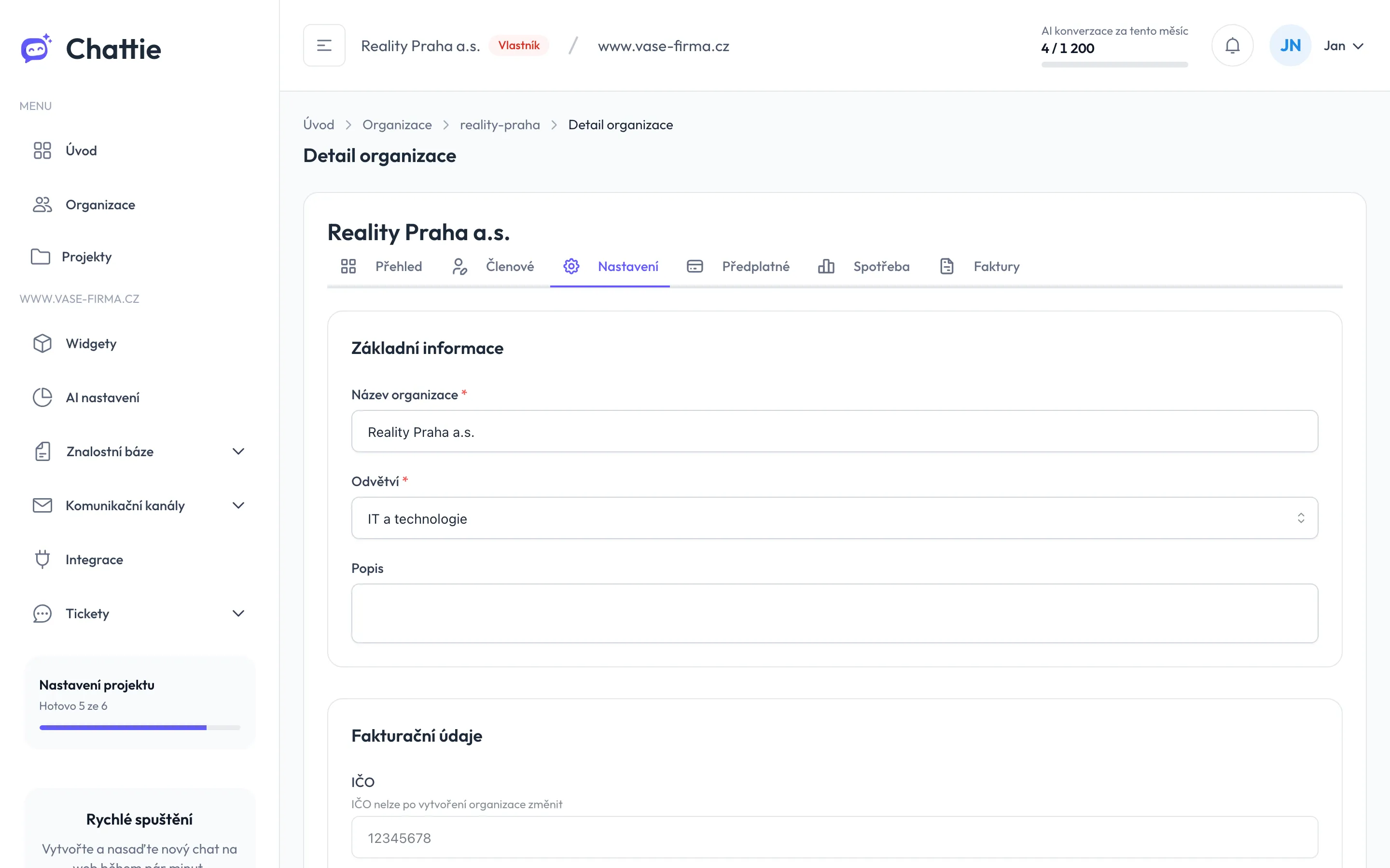 Záložka Nastavení se základními a fakturačními údaji