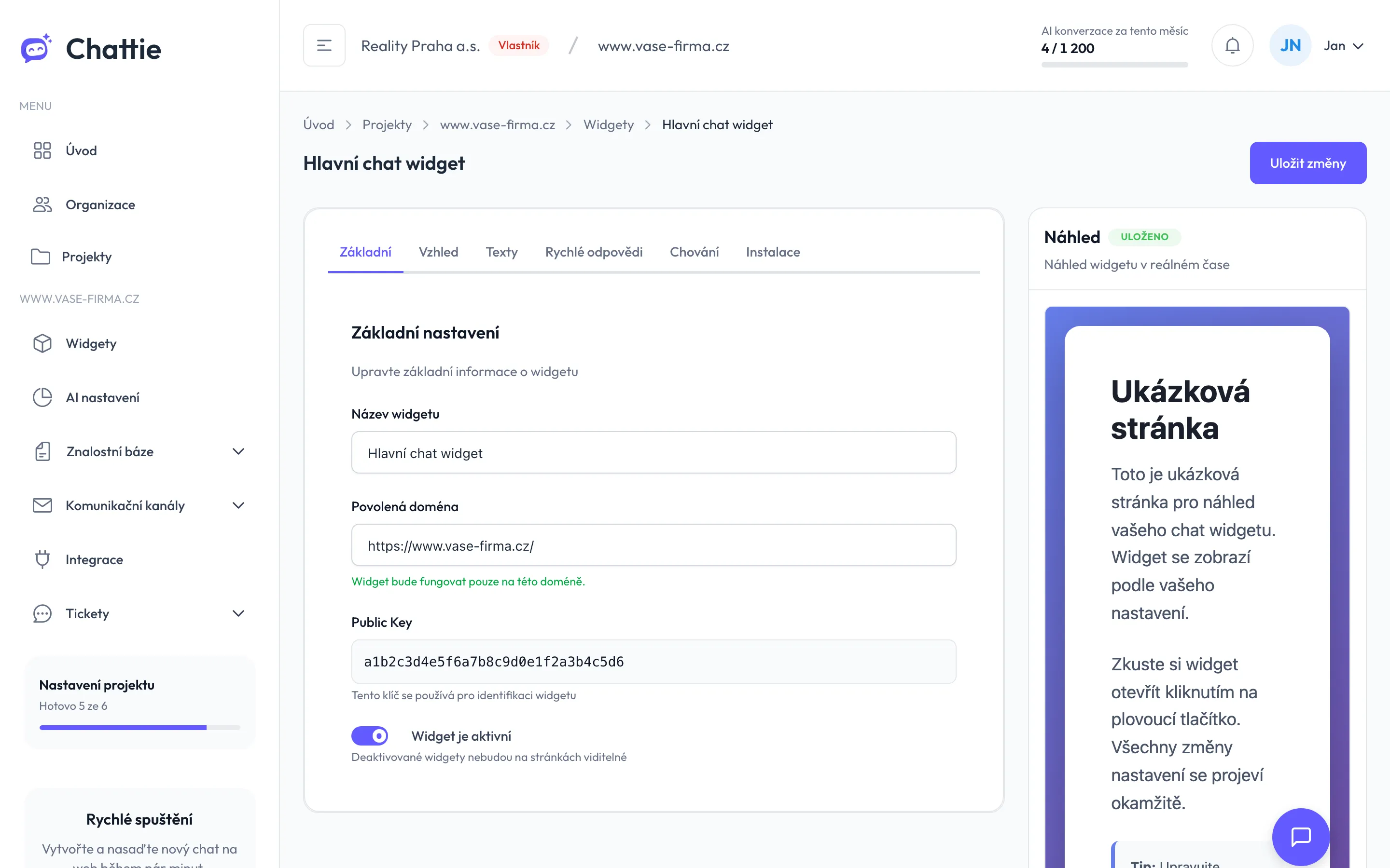 Editor widgetu, záložka Základní s povolenou doménou, klíčem a přepínačem Widget je aktivní