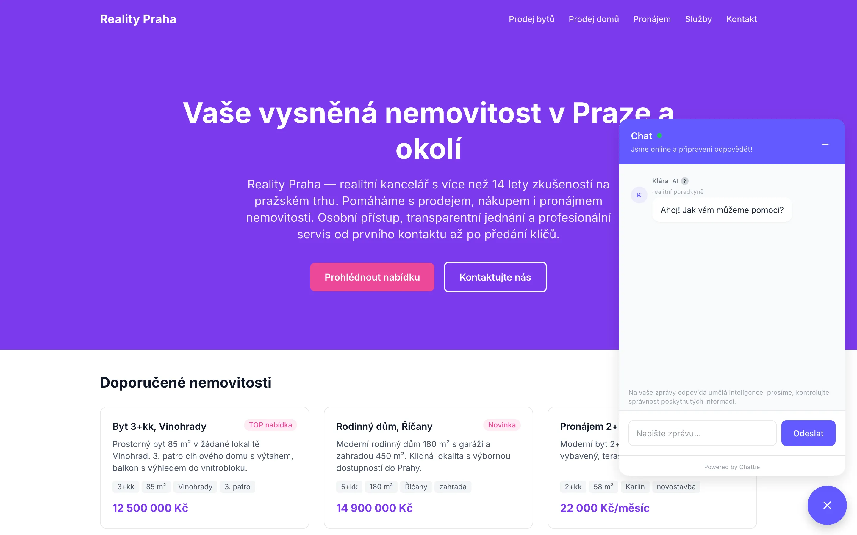 Hotový widget na webu s uvítací zprávou