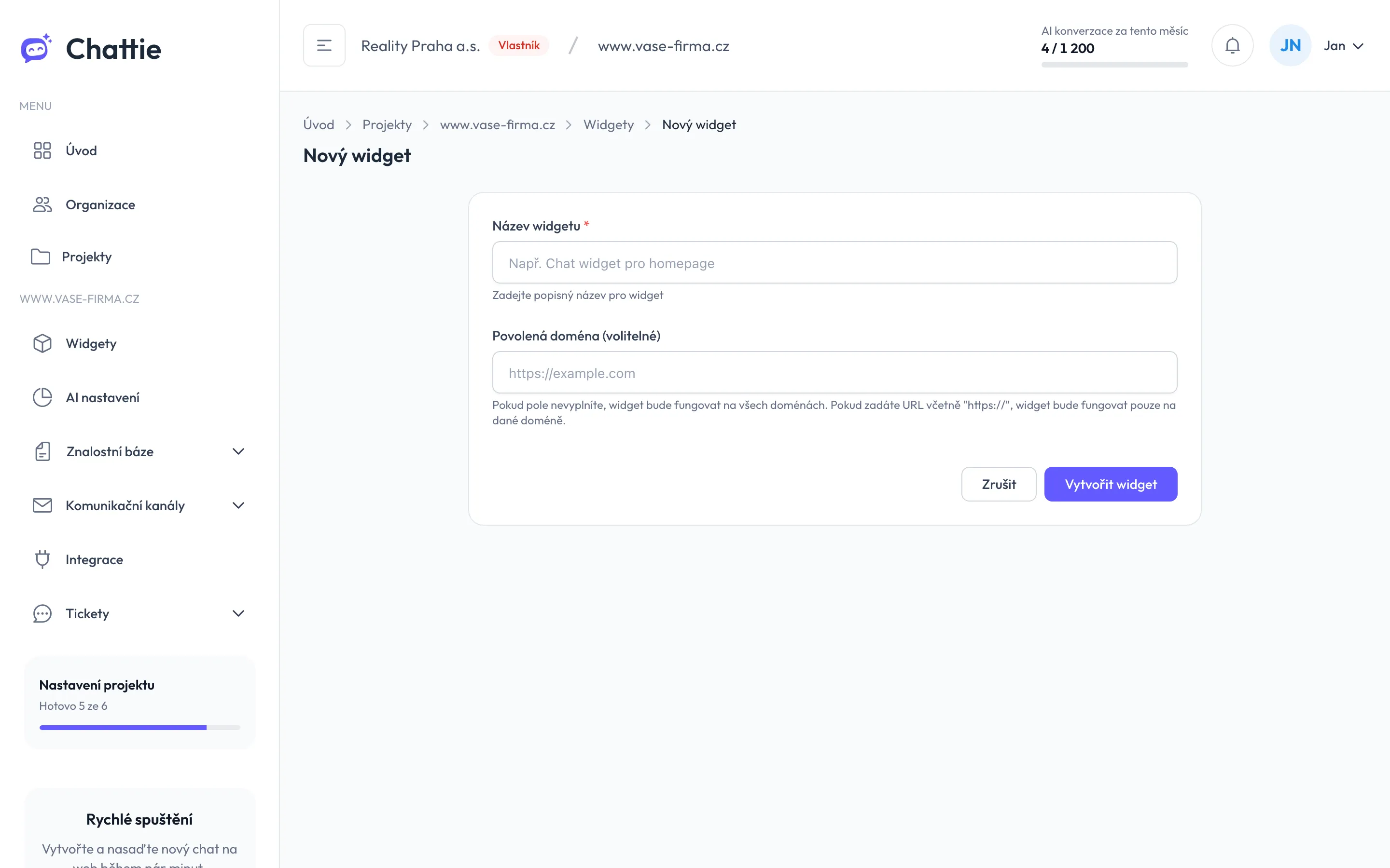 Formulář Nový widget
